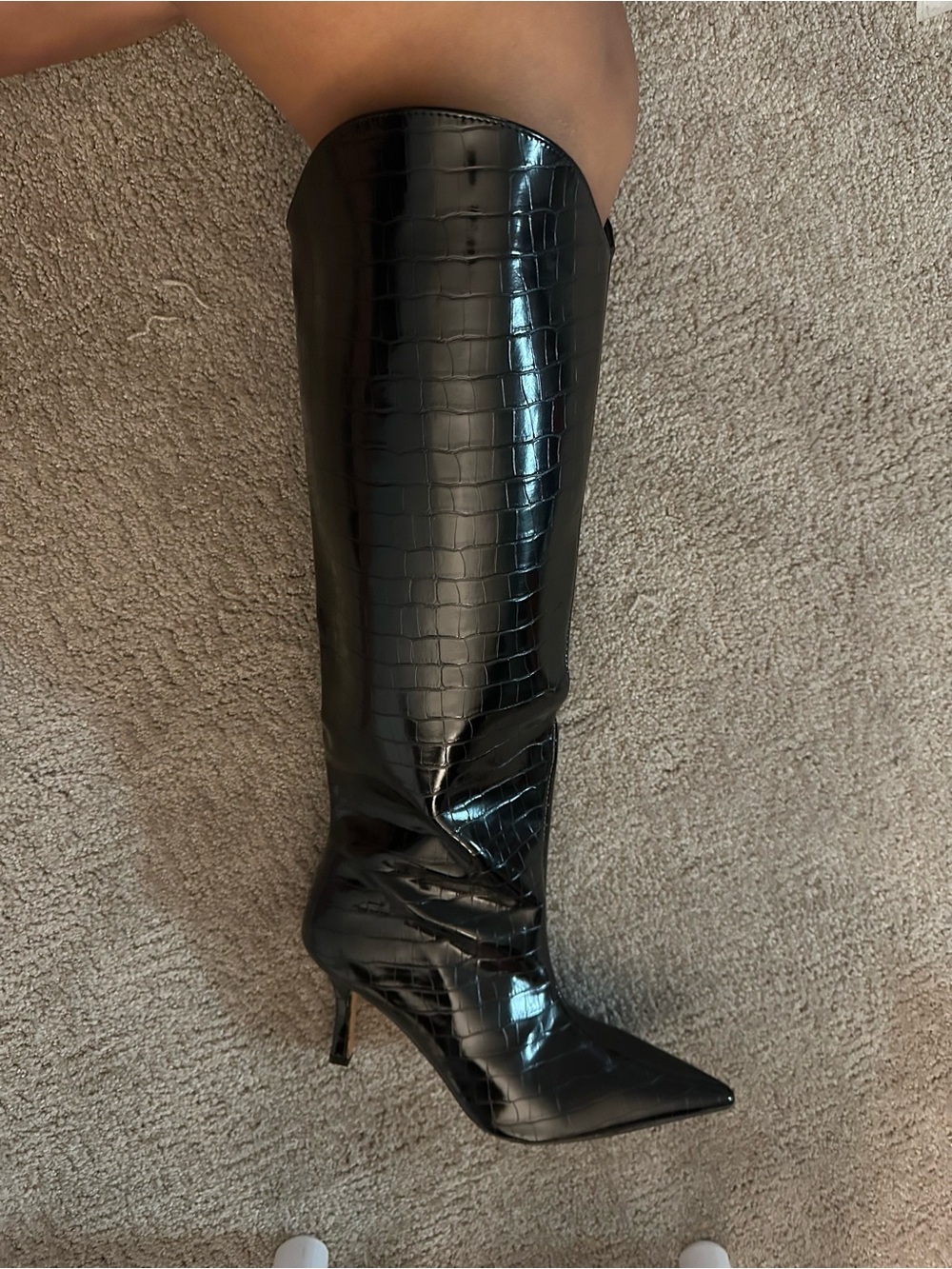 Miss Lola Black Croc-Embossed Pointed-Toe Boots
